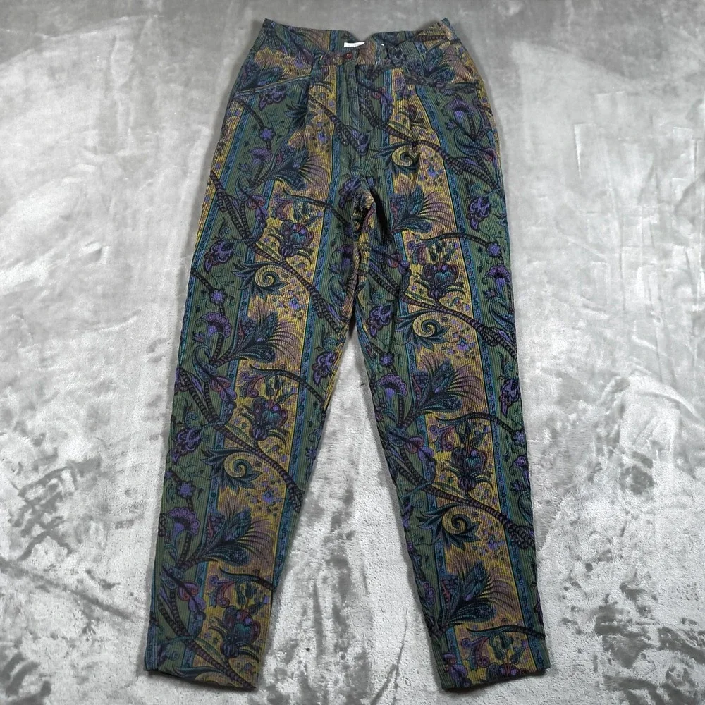 Vintage The Limited Boho Pants Womens 4 Green Paisley Corduroy High Waist Floral